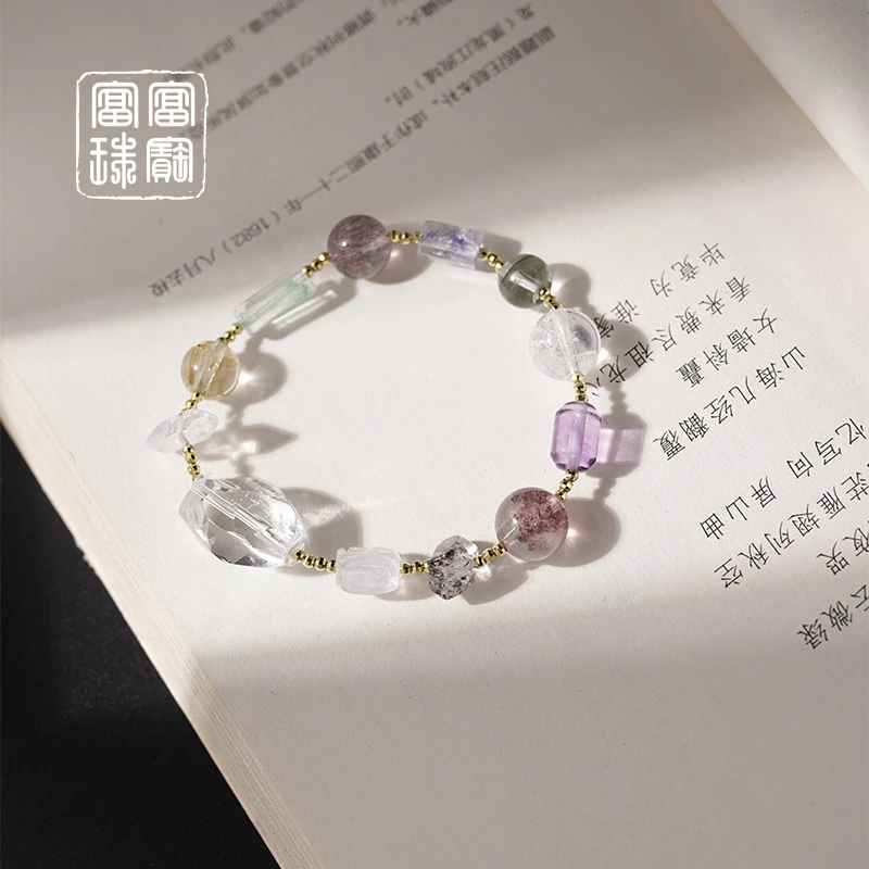 【栖枝】绿幽灵+金发晶  水晶18k金手串 （天然珠宝多样性发）