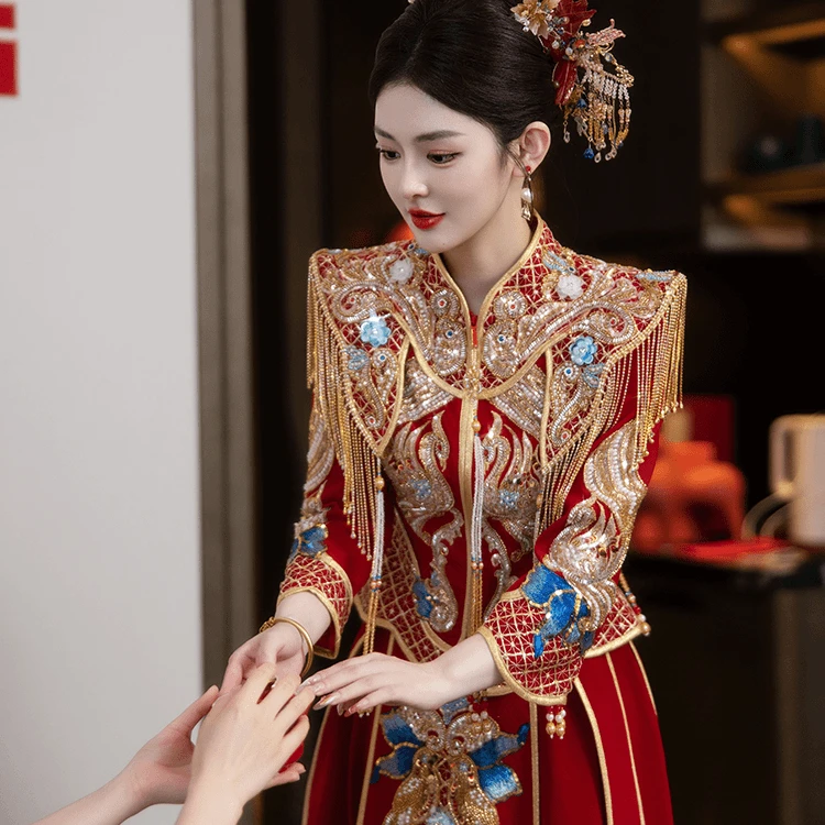 奢华丝绒秀禾服2024新款结婚婚纱中式新娘服龙凤褂婚服中国风秋冬