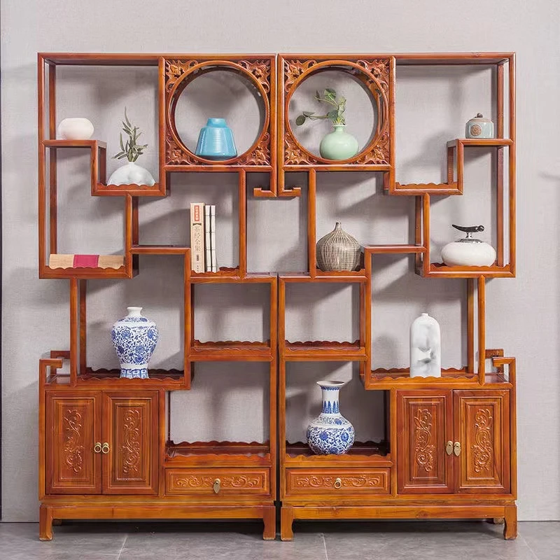 五福博古架实木榫卯多宝阁客厅置物架茶室背景茶叶柜办公室书架