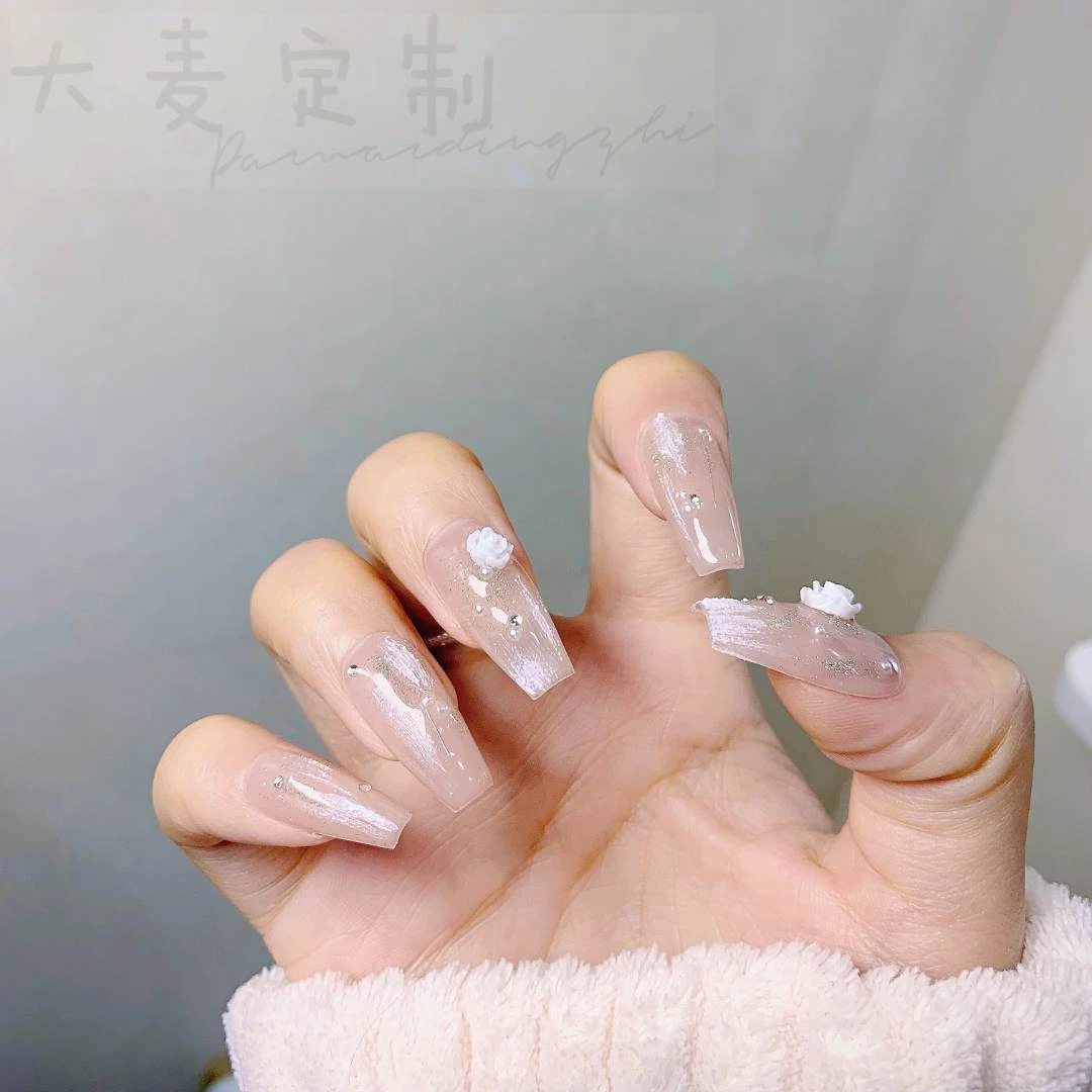 【洛可可】大麦定制纯手工穿戴甲白色山茶花浮雕晕染爆闪网红婚甲