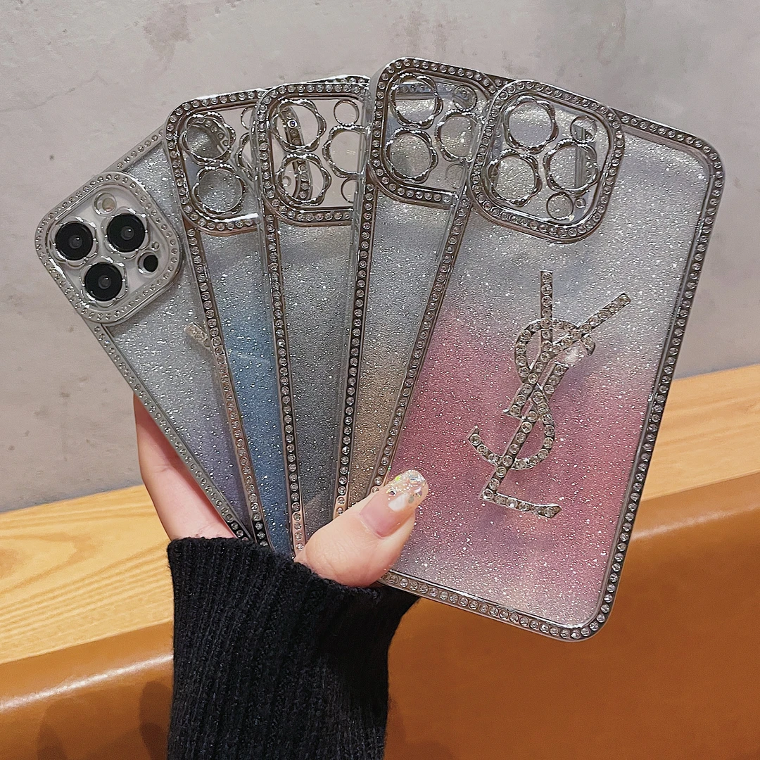 潮牌轻奢YSL水钻苹果15Promax手机壳闪粉iPhone14/13女款手工防摔