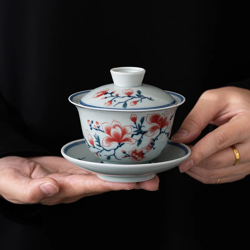 匠迷复古青花玉兰盖碗陶瓷中式简约家用泡茶器釉中彩贴花款功夫