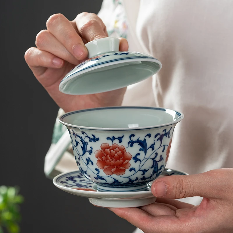 三才盖碗青花釉里红缠枝莲盖碗茶杯陶瓷中号釉中彩家用贴花款茶具