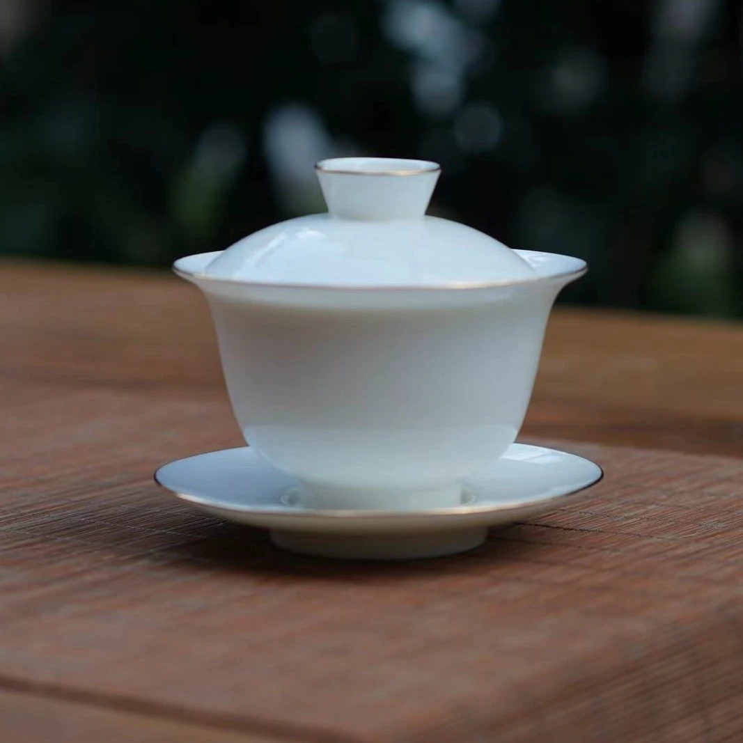 描金功夫盖碗手工茶具陶瓷茶碗中盖碗中号茶盖碗超薄纯白款瓷盖碗