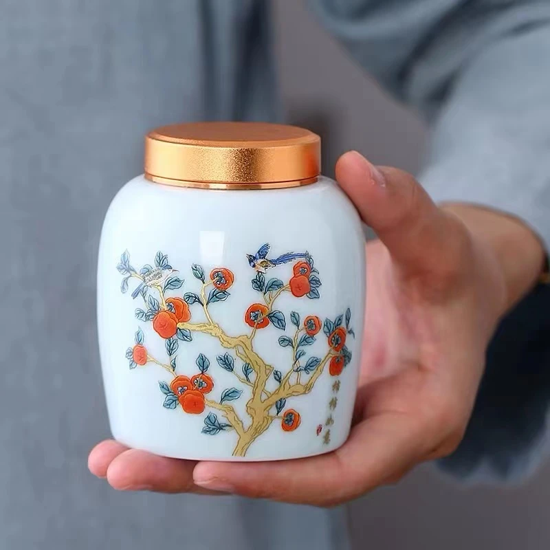 柿柿如意茶叶罐单个密封高档密封罐白瓷储物便携描金储存珐琅彩