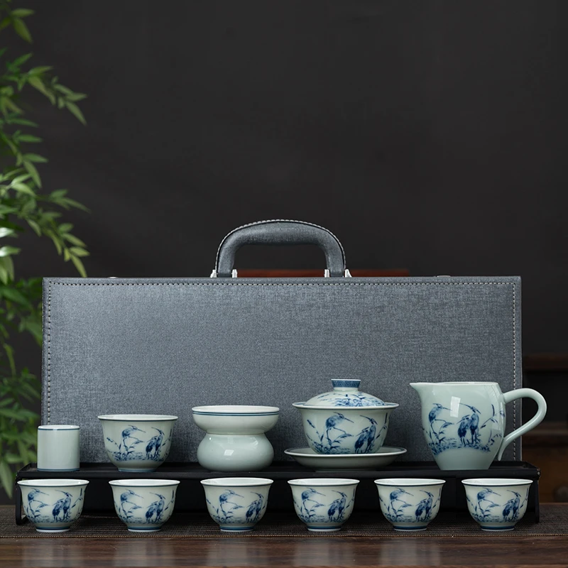 高档釉下彩功夫茶具套装现代客厅手绘鹭栖泡茶青釉盖碗礼品礼盒装