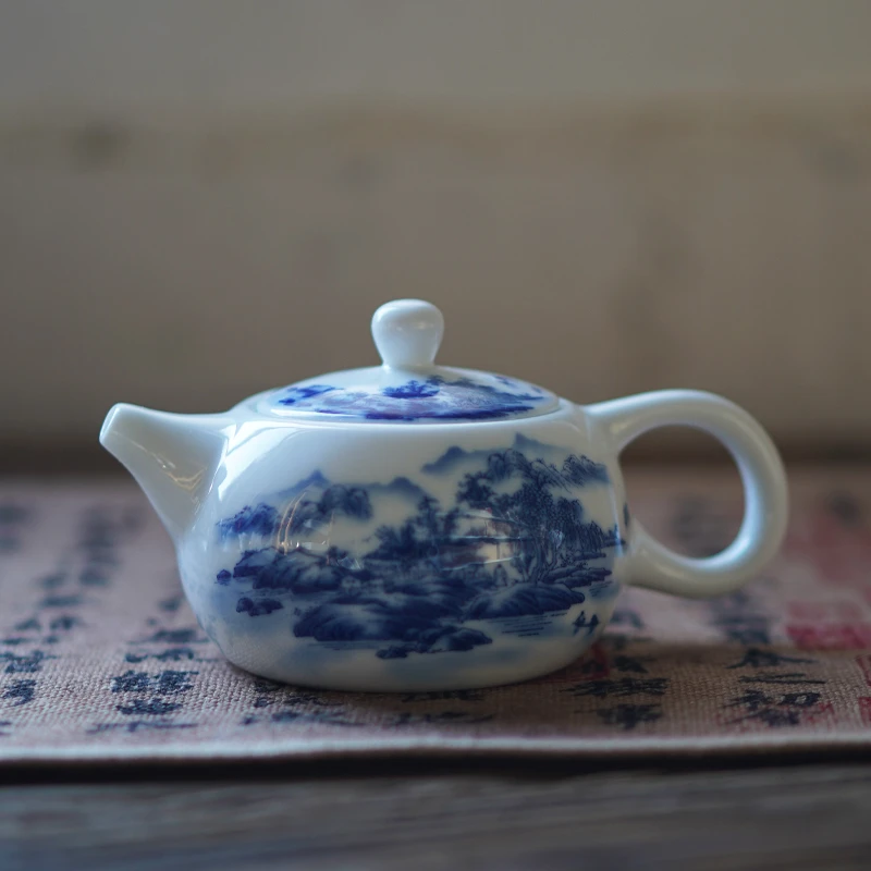 青花瓷陶瓷茶壶单壶功夫茶具套装白瓷山水泡茶壶水壶家用茶具家用