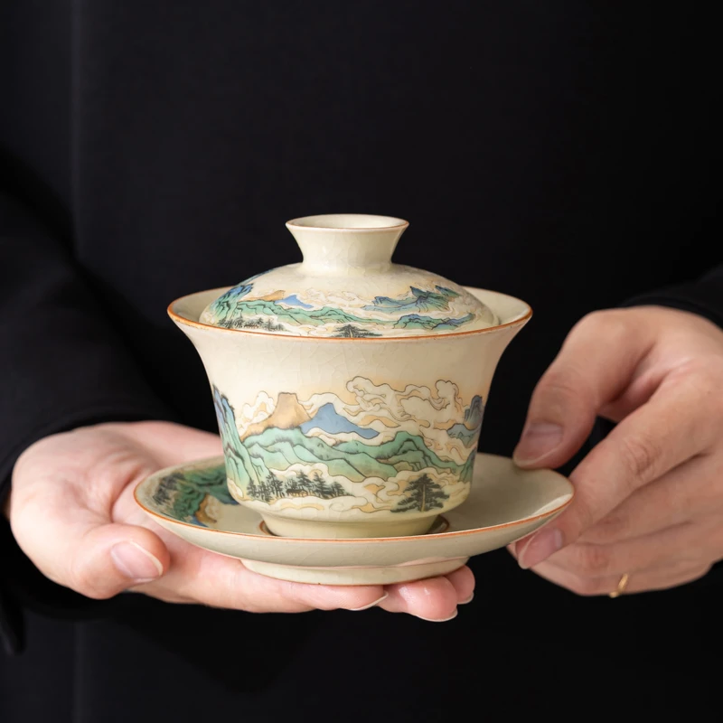 黄汝汝窑三才盖碗茶具茶杯陶瓷泡茶碗水盖瓷盖碗复古中号茶盖碗