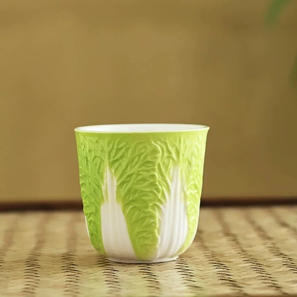 白菜竹节杯主人杯茶具家用陶瓷主人杯大容量白瓷白菜浮雕主人杯