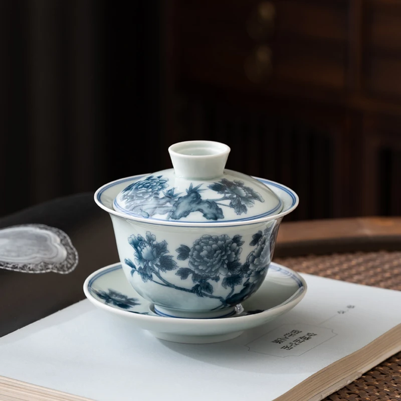 复古青花牡丹盖碗釉中彩悬停旋转盖碗水盖中式大容量瓷功夫茶具·