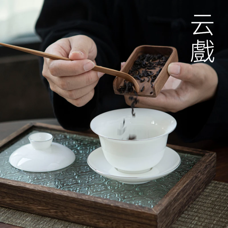 鎏银边带盖纯白盖碗手工高档中式中号盖碗茶道防烫白瓷羊脂玉盖碗
