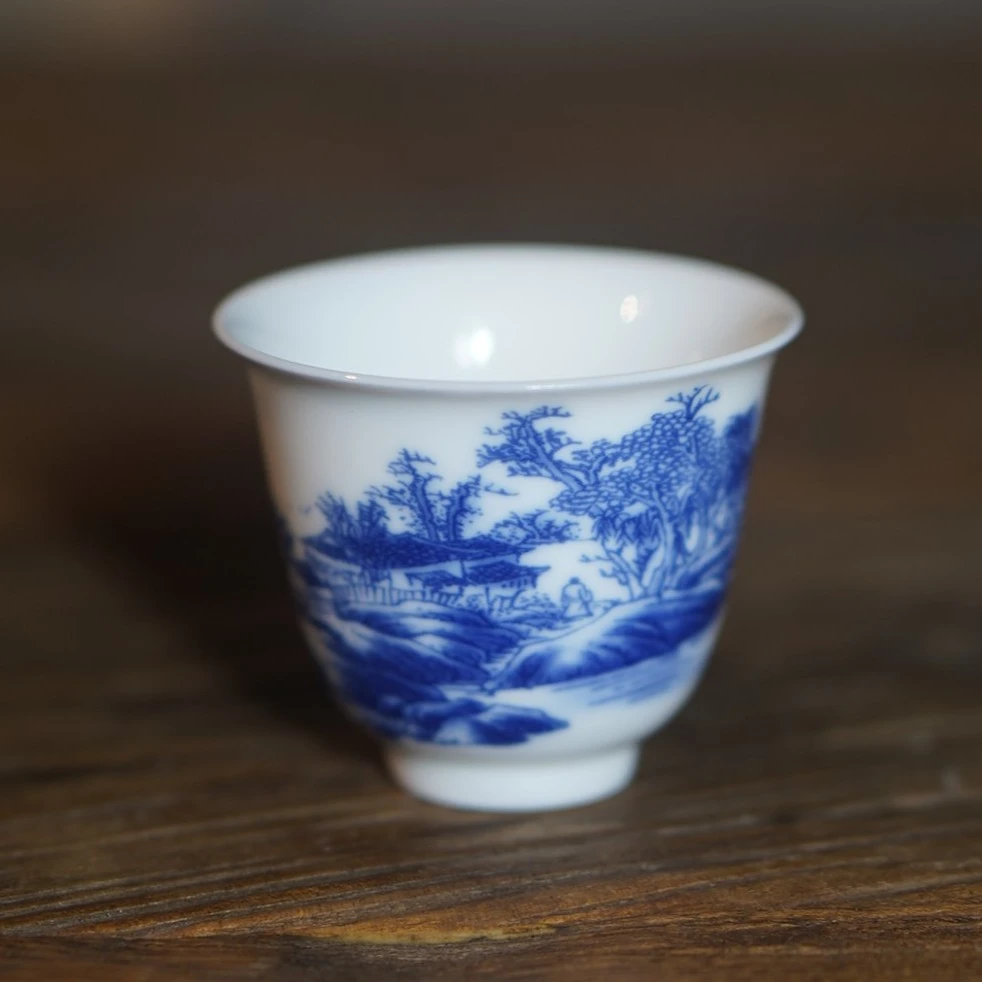 青花山水茶杯功夫茶具客杯青花瓷品茗杯套装陶瓷小杯白瓷单杯套组