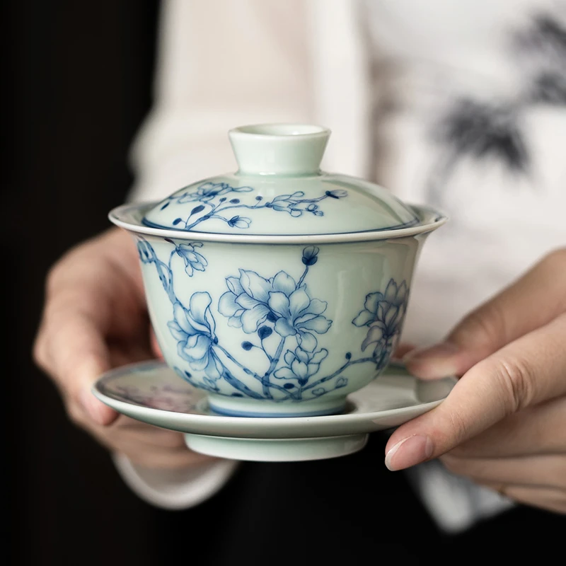 水盖玉兰盖碗青花贴花单盖碗轻款薄胎中号泡茶器家用釉中彩复古款