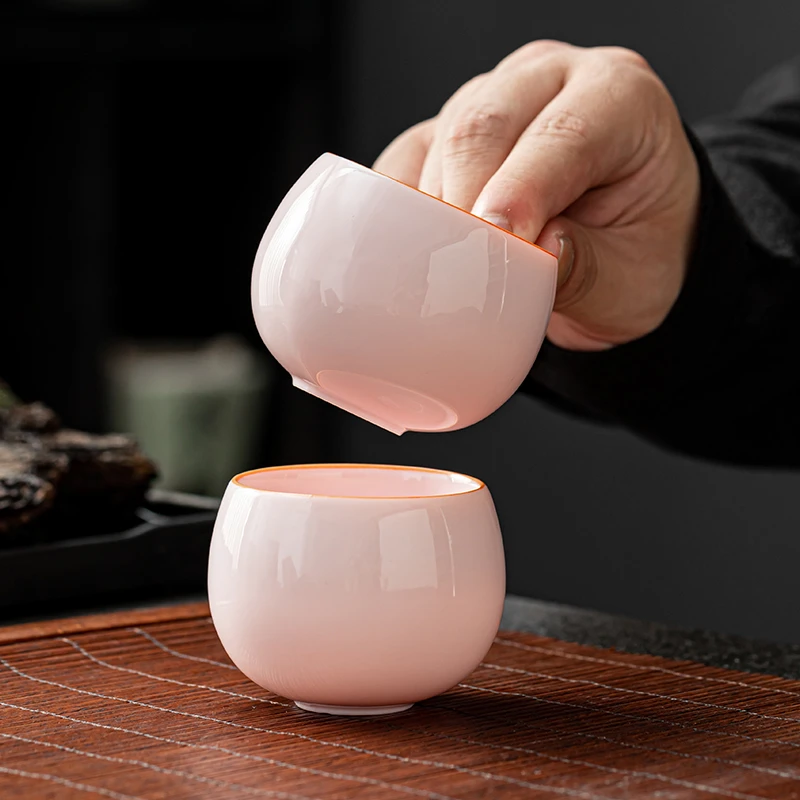 粉色羊脂玉瓷主人杯女士高端品茗杯粉色功夫茶具单杯陶瓷喝茶杯