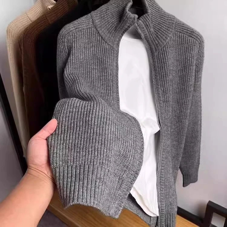 秋冬季宽松开衫毛衣男设计感慵懒复古双拉链半高领针织衫加厚外套