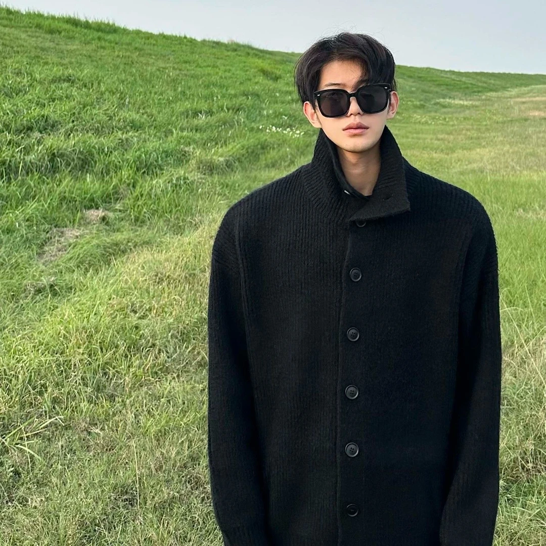 春秋季新款宽松百搭韩版纽扣毛衣男翻领慵懒风上衣开衫外套针织衫
