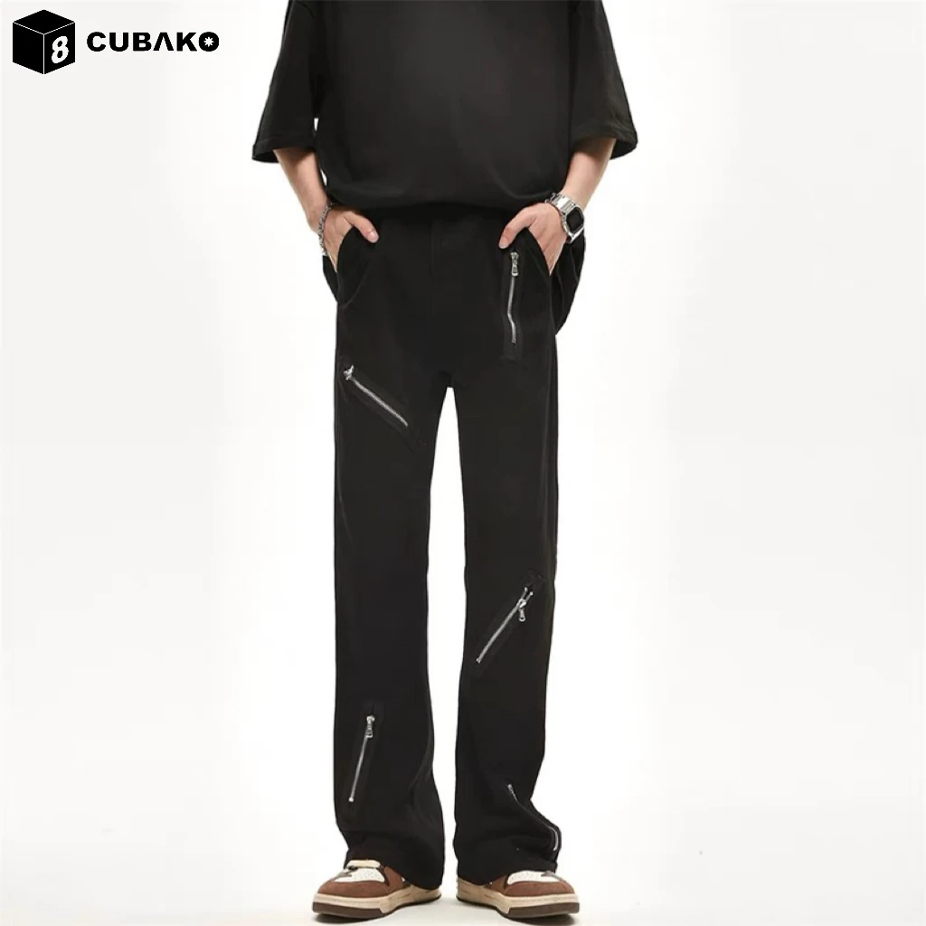 原创美式潮流牛仔裤微喇叭黑色多拉链设计感男女百搭高街休闲裤子