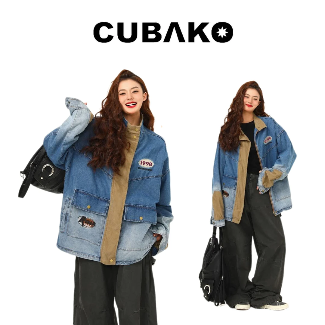 美式街头水洗渐变牛仔外套拼接设计感撞色立领牛仔夹克情侣工装衫