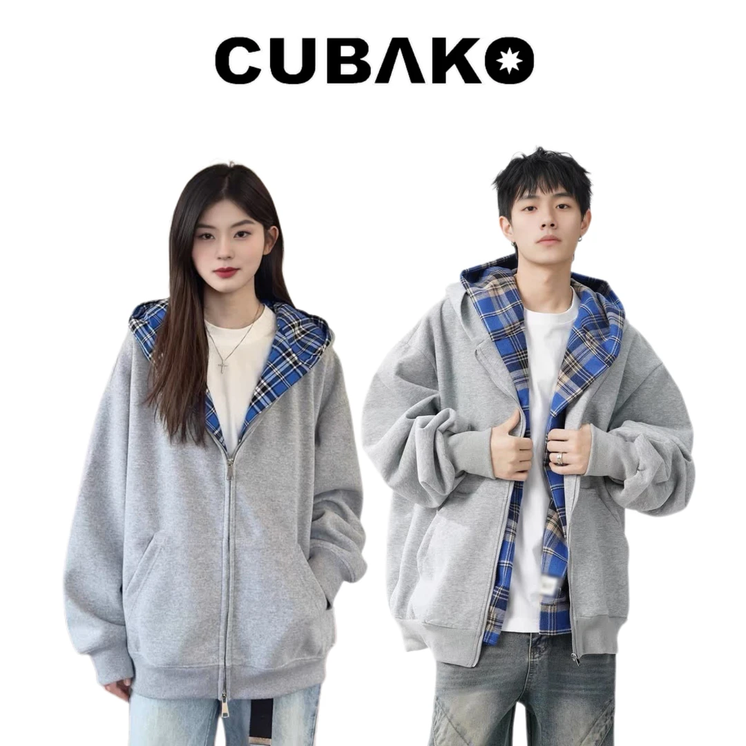 美式假两件连帽格子卫衣开衫秋冬重磅宽松cleanfit双层拼接外套衫