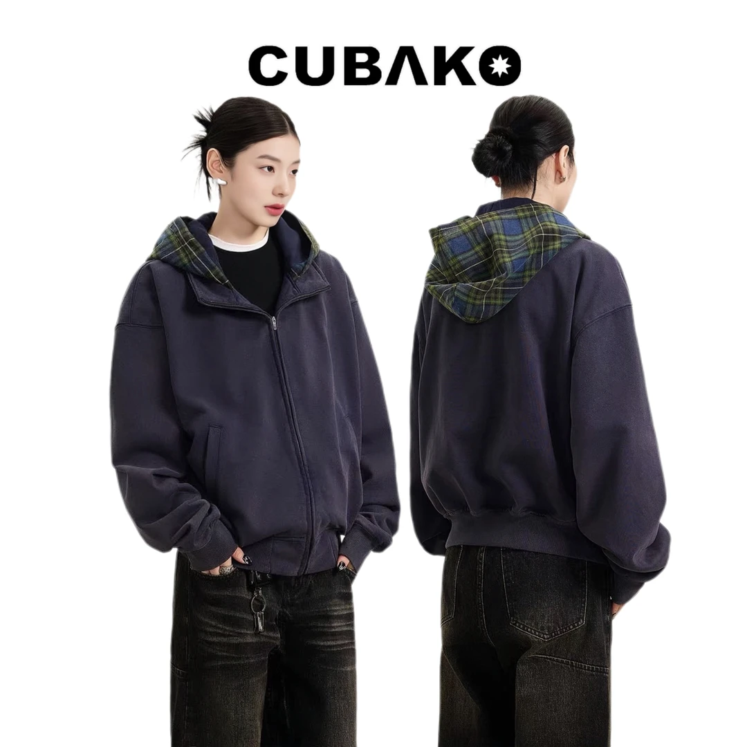 小众美式复古假两件拼接格纹连帽卫衣cleanfit情侣开衫外套上衣潮