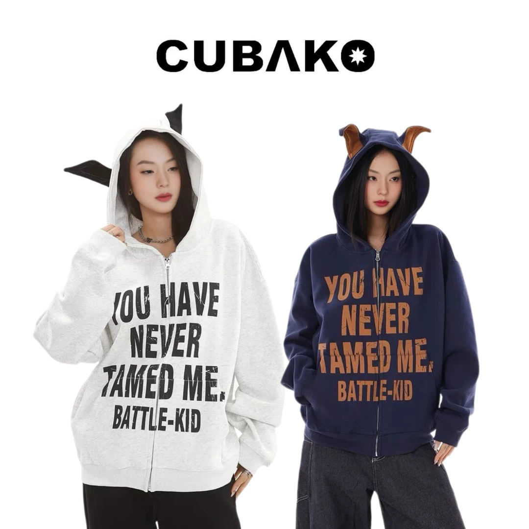 美式字母斑驳杜宾犬耳朵拉链连帽卫衣小恶魔连帽开衫情侣秋冬百搭