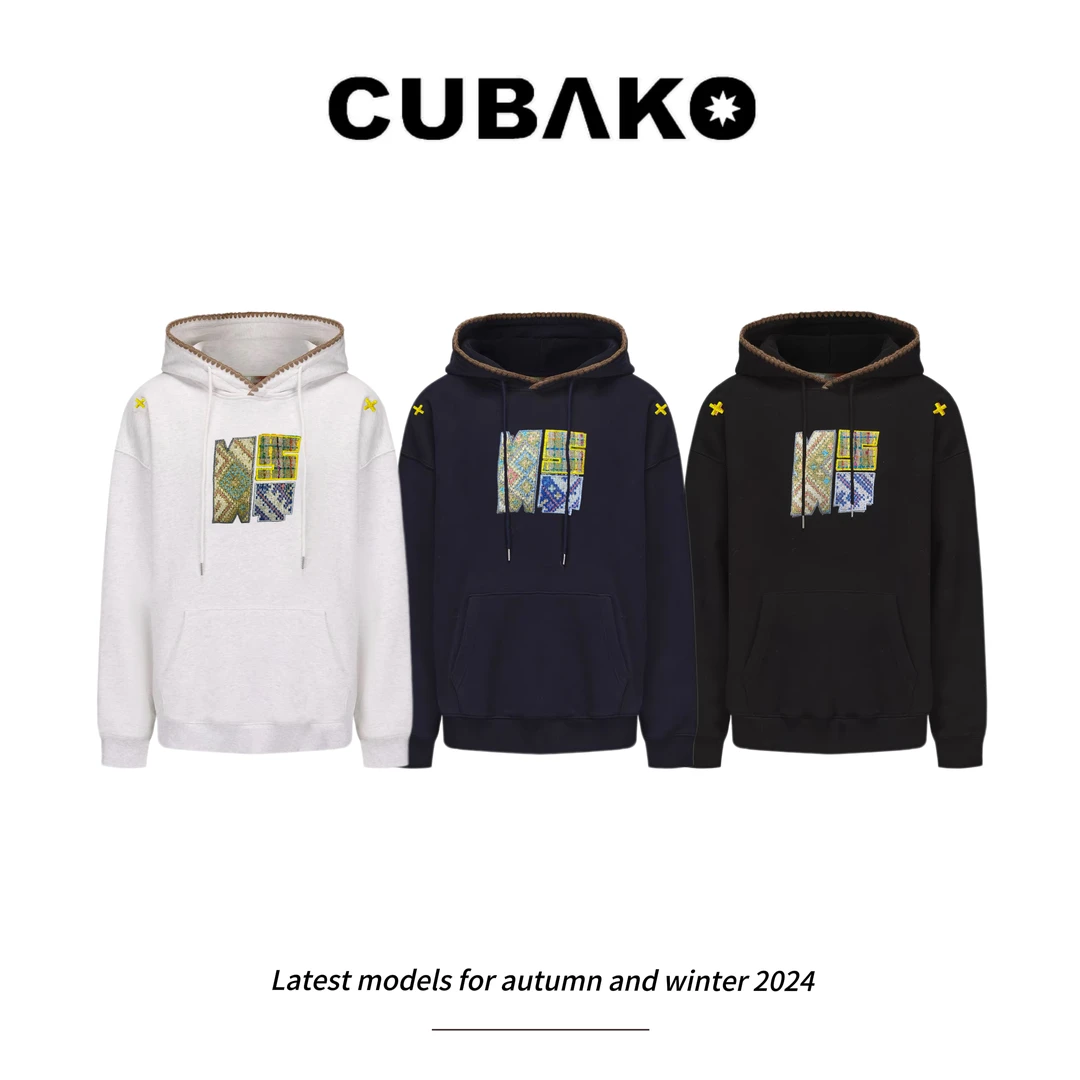 复古民族风编制贴布连帽卫衣小众设计慵懒风套头卫衣情侣春秋帽衫