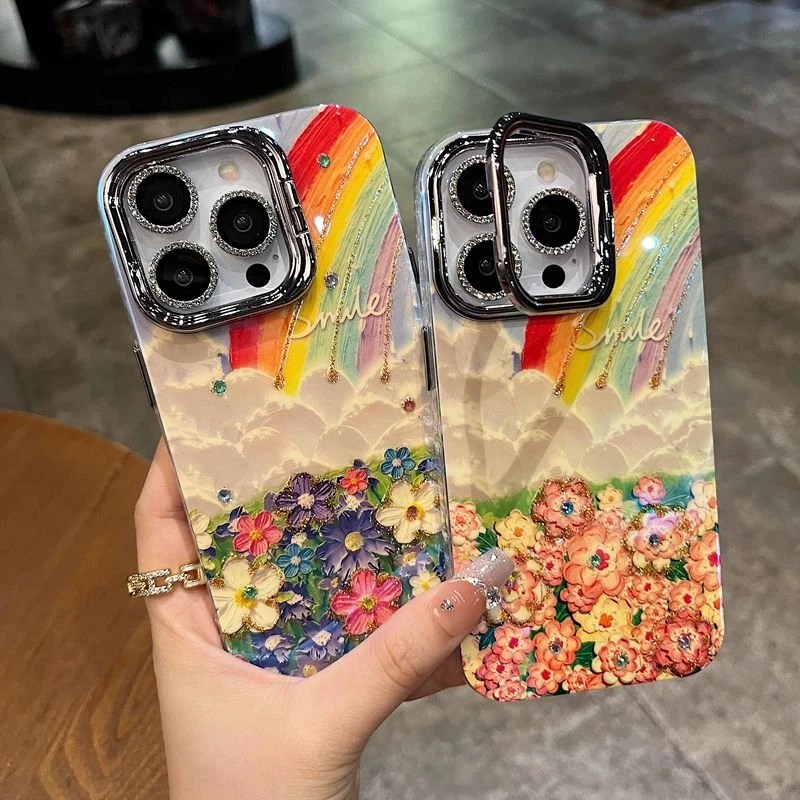 适用苹果系列iPhone16新款手机壳大孔支架镜框升级款油画彩虹花海