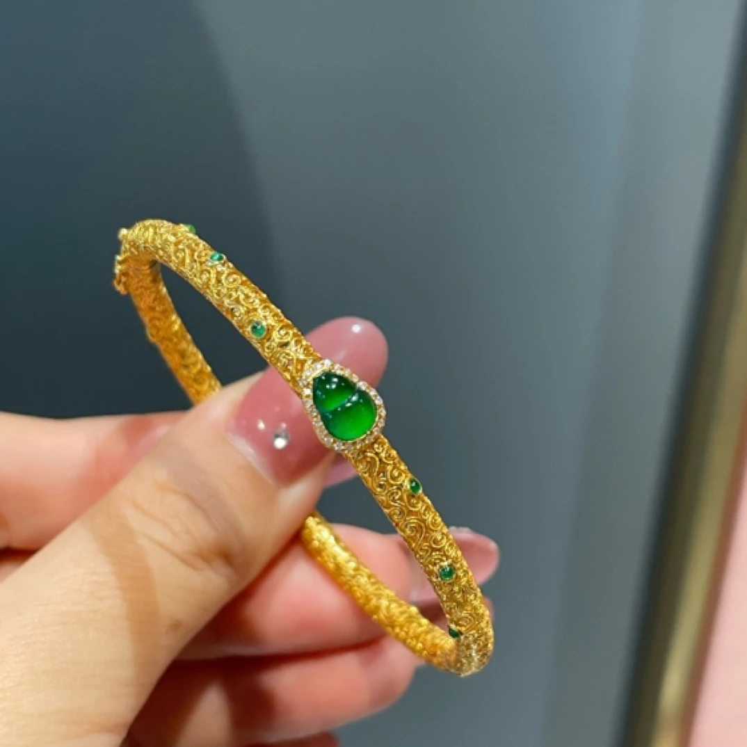 优雅翡翠花丝18k金手镯国潮气质高冰保真翡翠葫芦为主石