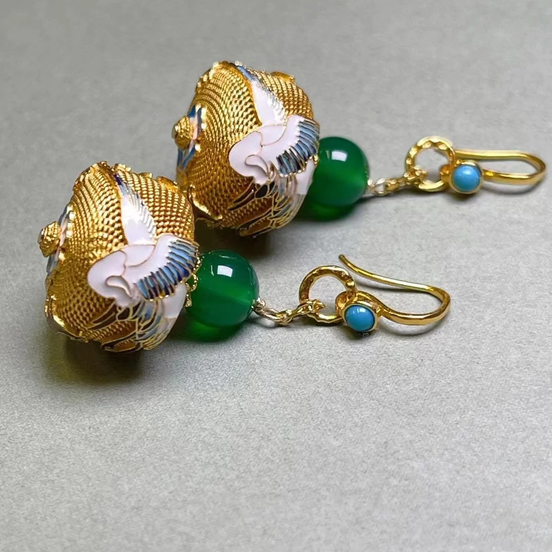 年货天然绿玛瑙花丝925银珐琅仙鹤鹿鹤同春耳饰