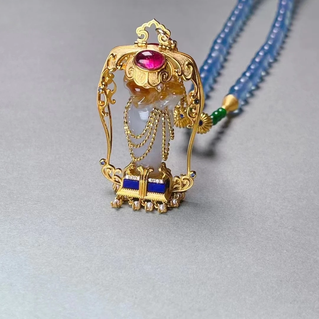 凝财宝瓶坠翡翠项链18k金伴镶聚财汇宝之寓意孤品翡翠吊坠a