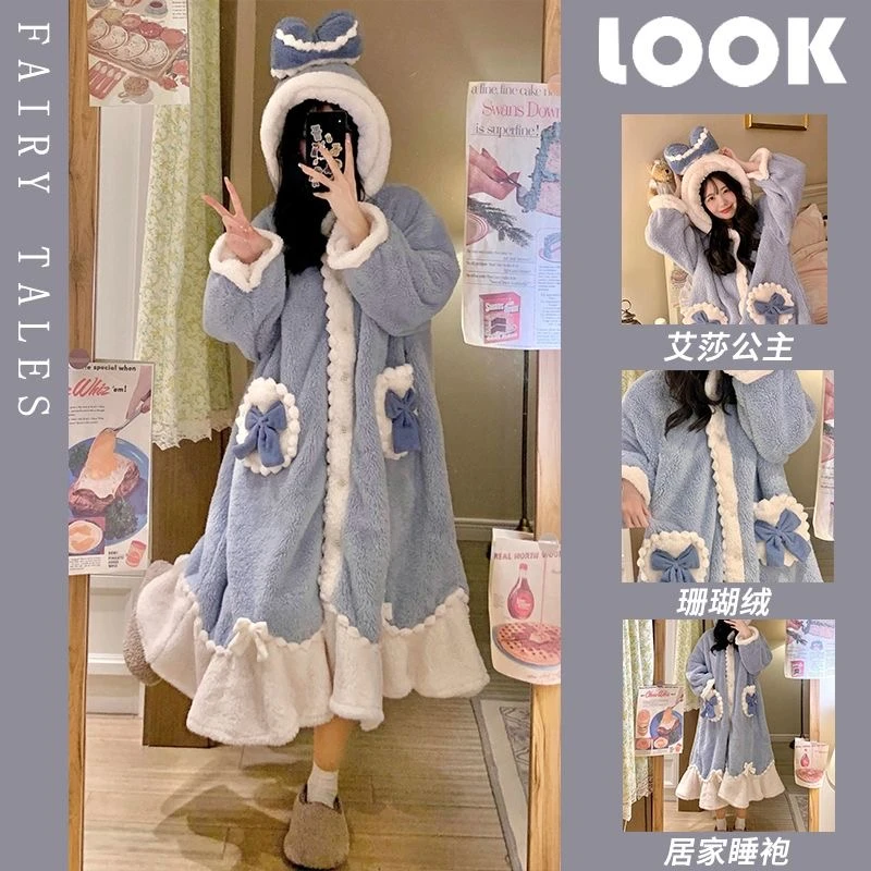 睡衣女款秋冬季加厚珊瑚绒艾莎公主连帽甜美公主睡袍女冬加厚加绒