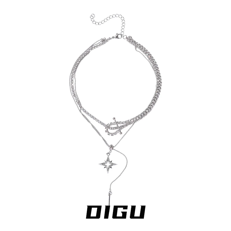嘀咕家 铜合金合成锆石项链 轻奢双层镶钻星芒项链女小众短款颈链