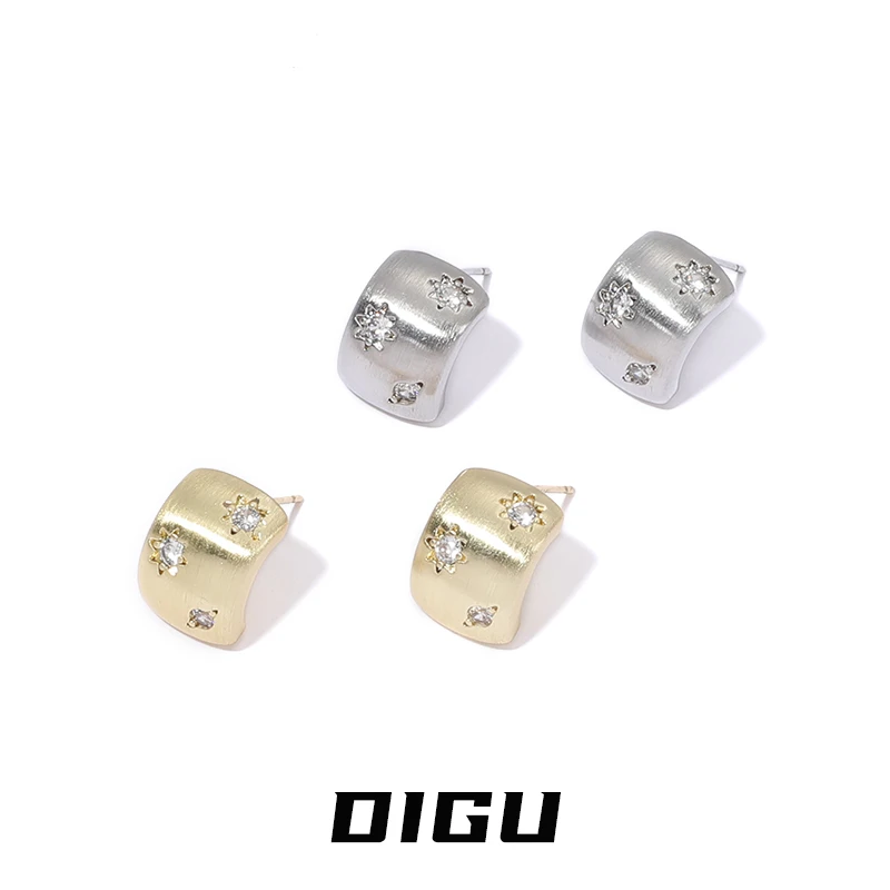 嘀咕家 铜合金合成锆石耳饰 哑光拉丝耳环镶钻耳圈百搭耳饰