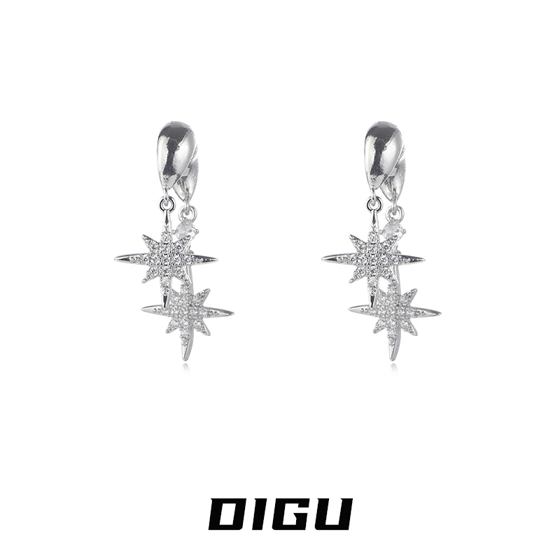 嘀咕家 铜合金合成锆石耳饰 精致满钻前后式双层六星芒耳环耳钉女
