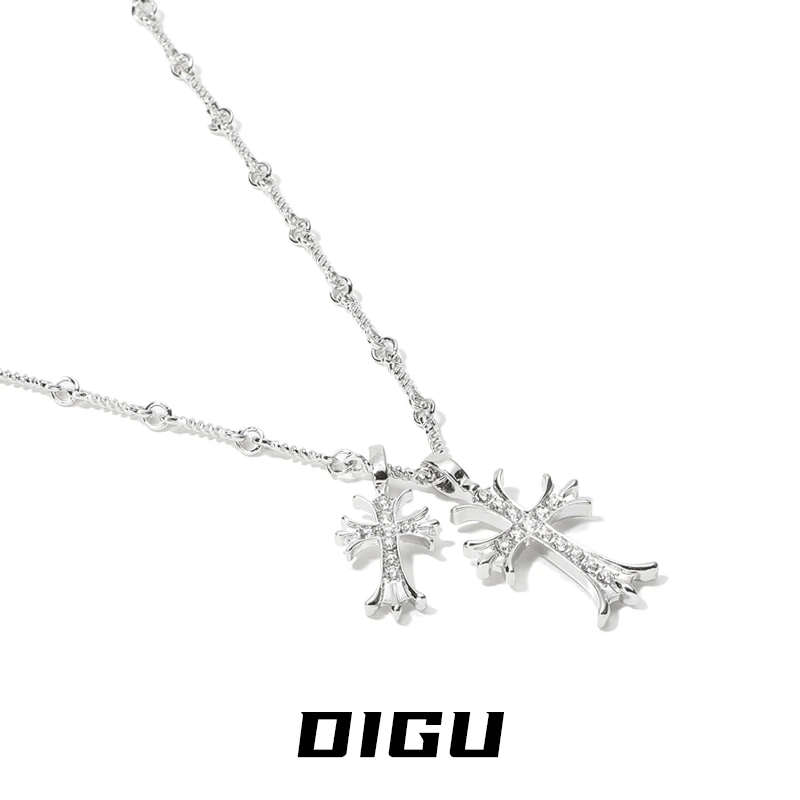 铜合金项链 嘀咕家DIGU双十字架满钻项链气质小众百搭秋冬毛衣链