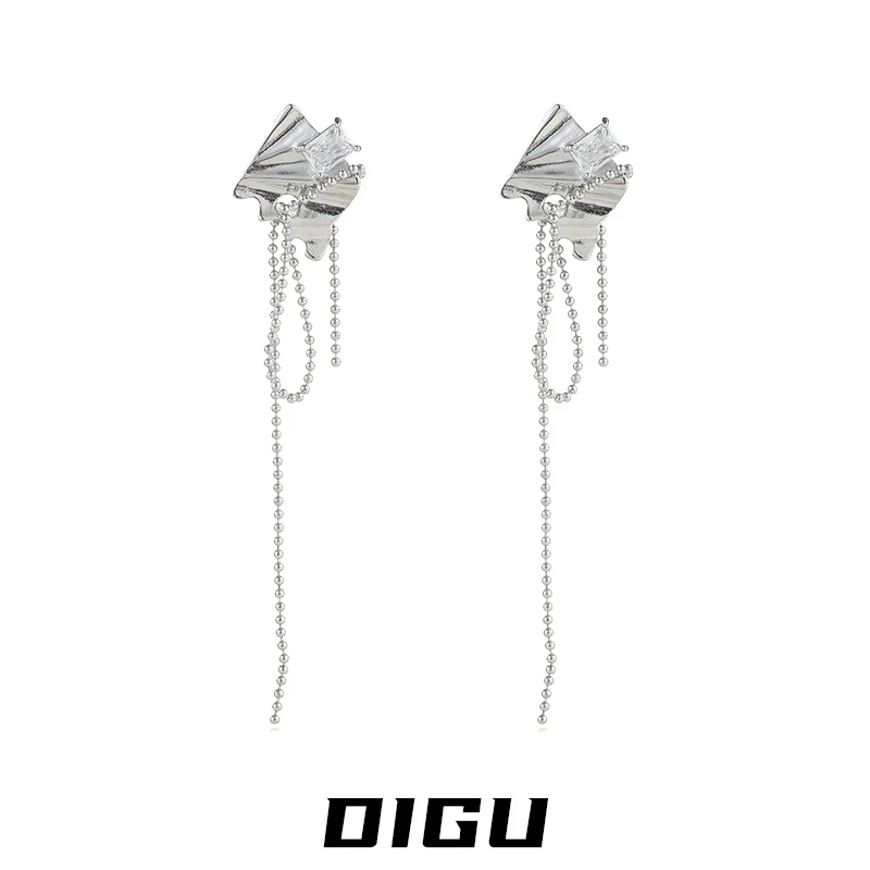 嘀咕家 铜合金合成锆石耳饰 金属曲面褶皱镶钻流苏耳环个性耳钉