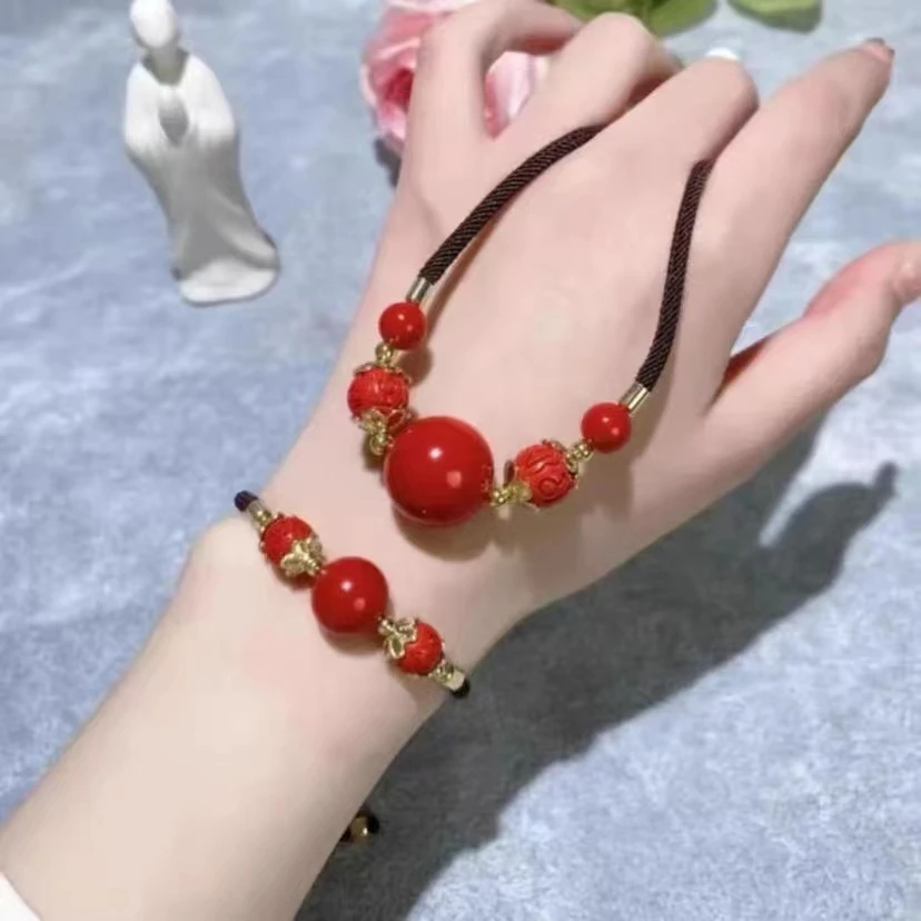 天然辰砂【锦禧专供】高含量朱砂吊坠转运珠女士锁骨链圆珠手串一套