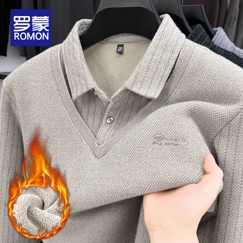 罗蒙男士假两件针织衫商务休闲上衣男款冬季加绒加厚衬衫领毛衣男