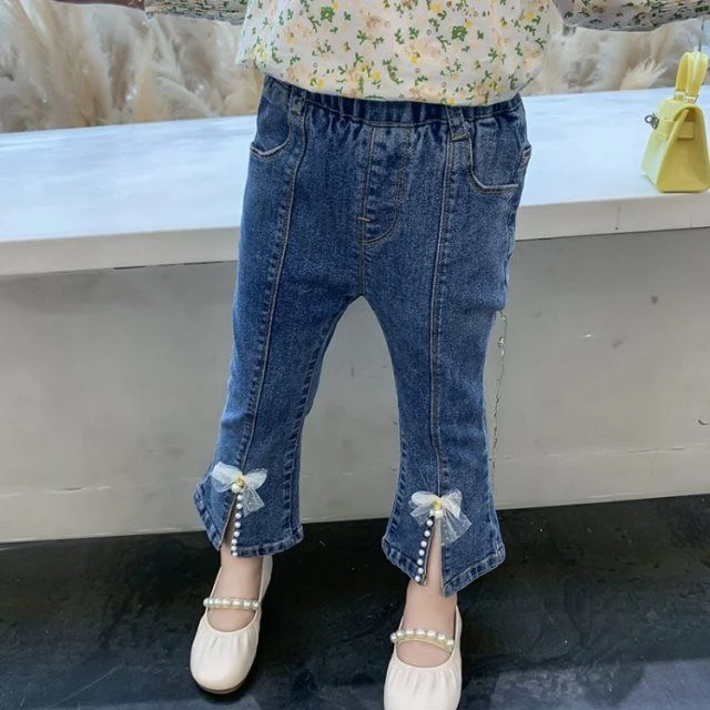 女童喇叭裤长裤儿童牛仔裤时髦开叉钉珠单裤中大童宝宝裤子弹力