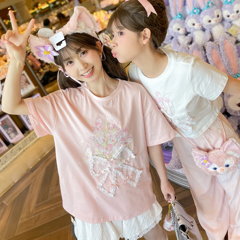 森女部落原创蝴蝶结立体设计感闺蜜装T恤2025年夏季新款女装衣服