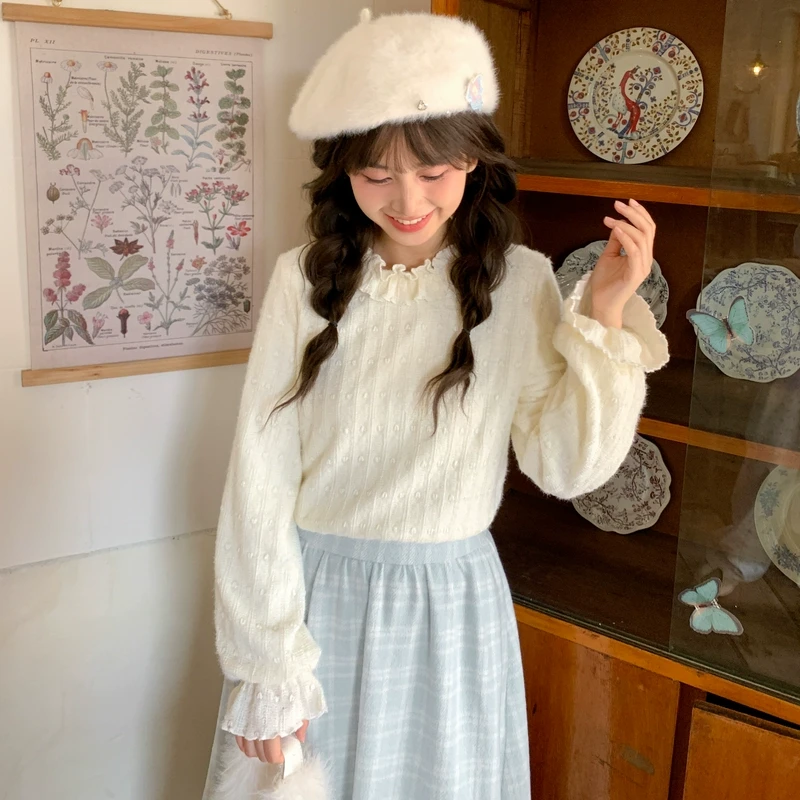 森女部落原创纯色花边领甜美气质长袖T恤内搭2024年秋冬新款女装