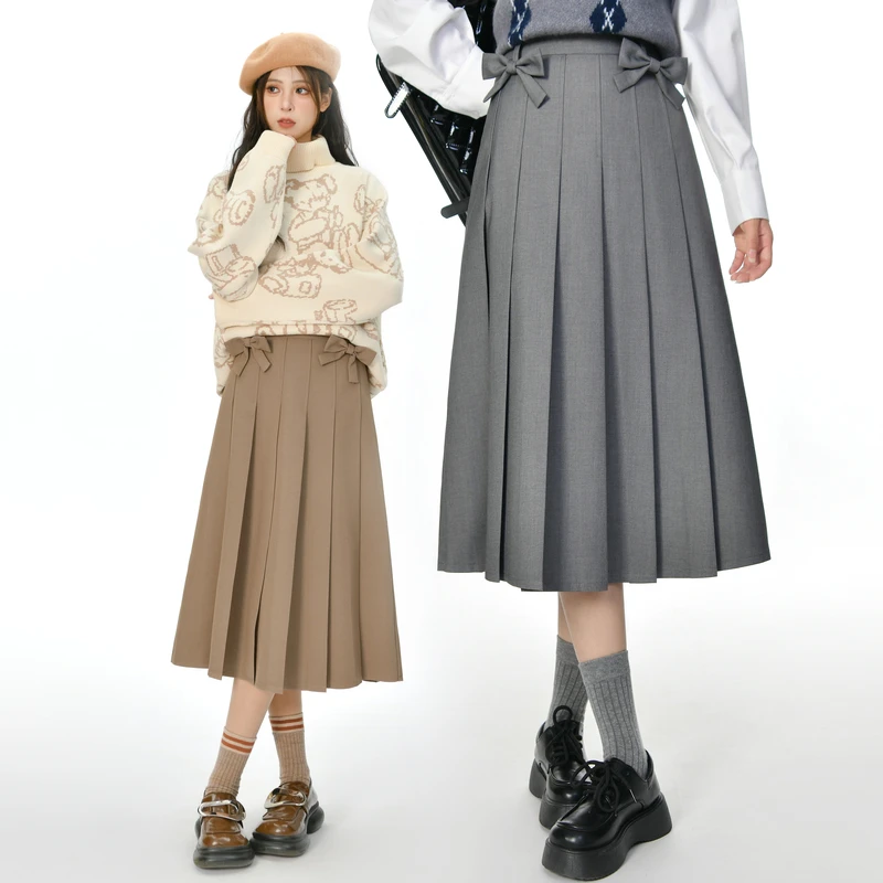 森女部落闺蜜装高腰半身裙蝴蝶结百褶裙中长款秋冬百搭裙子新款