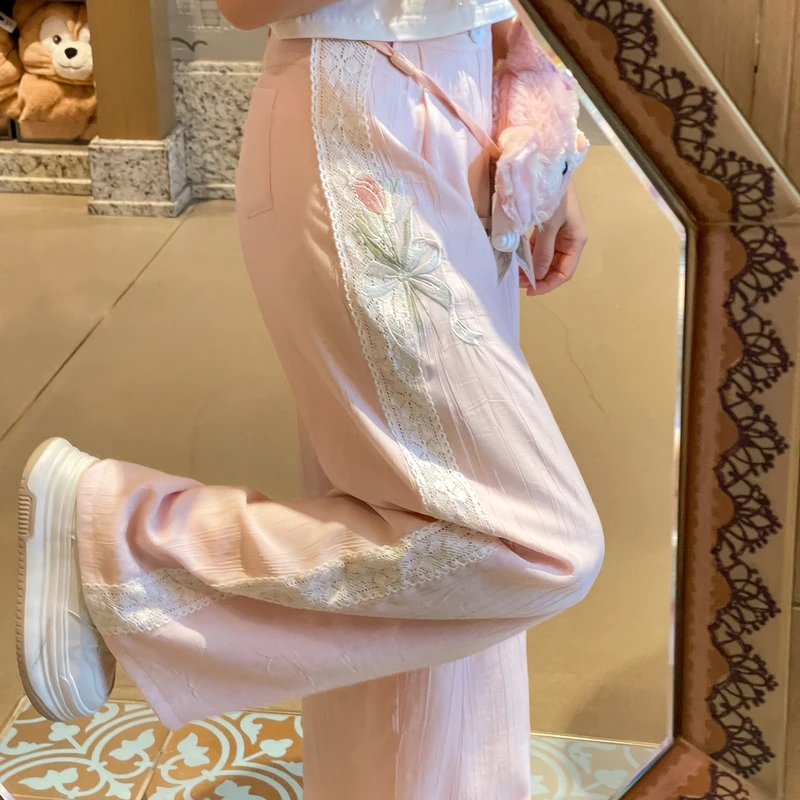 森女部落原创郁金香蕾丝休闲裤粉色凉凉裤2025年夏季新款女装衣服
