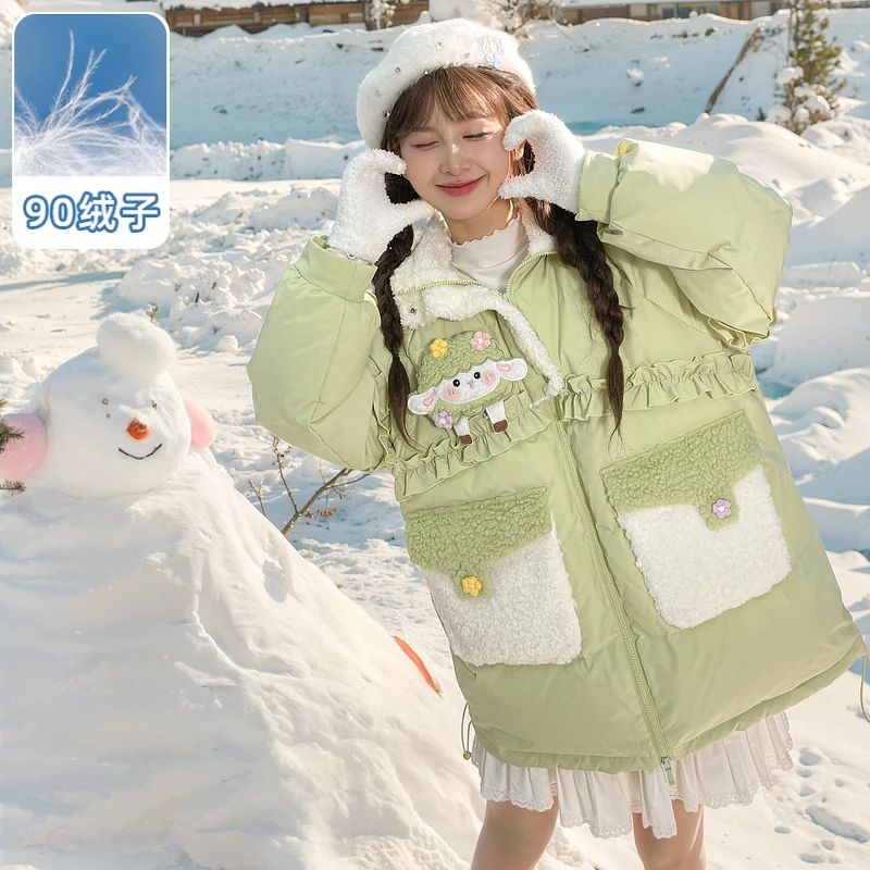 现货【保暖羽绒服】森女部落原创90绒子白鸭绒中长款小羊羽绒服