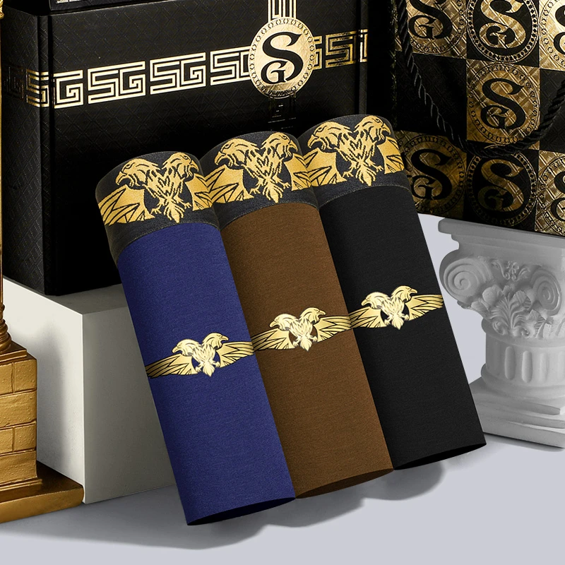 三条盒装高档男士短裤潮流四角舒适透气运动平角裤衩烫金印花中腰