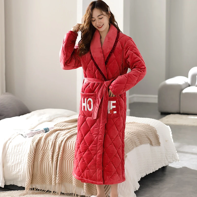 睡袍女冬珊瑚绒夹棉加厚浴袍情侣加长款保暖加绒棉睡衣男冬大码