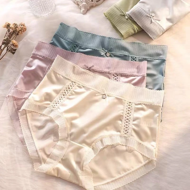 品彩国际光感舒适无痕提臀优雅蕾丝中腰桑蚕丝女士内裤性感薄款x
