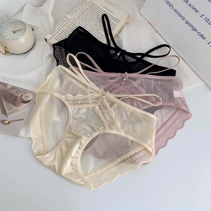 品彩国际纯欲风时尚女性感蕾丝透气网纱法式缎面内裤三角裤头
