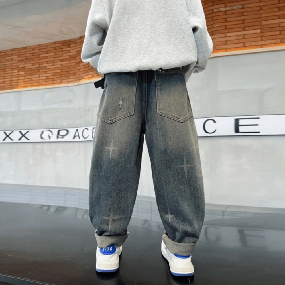男童牛仔裤春秋季中大童韩版宽松直筒长裤儿童时尚帅气休闲裤子