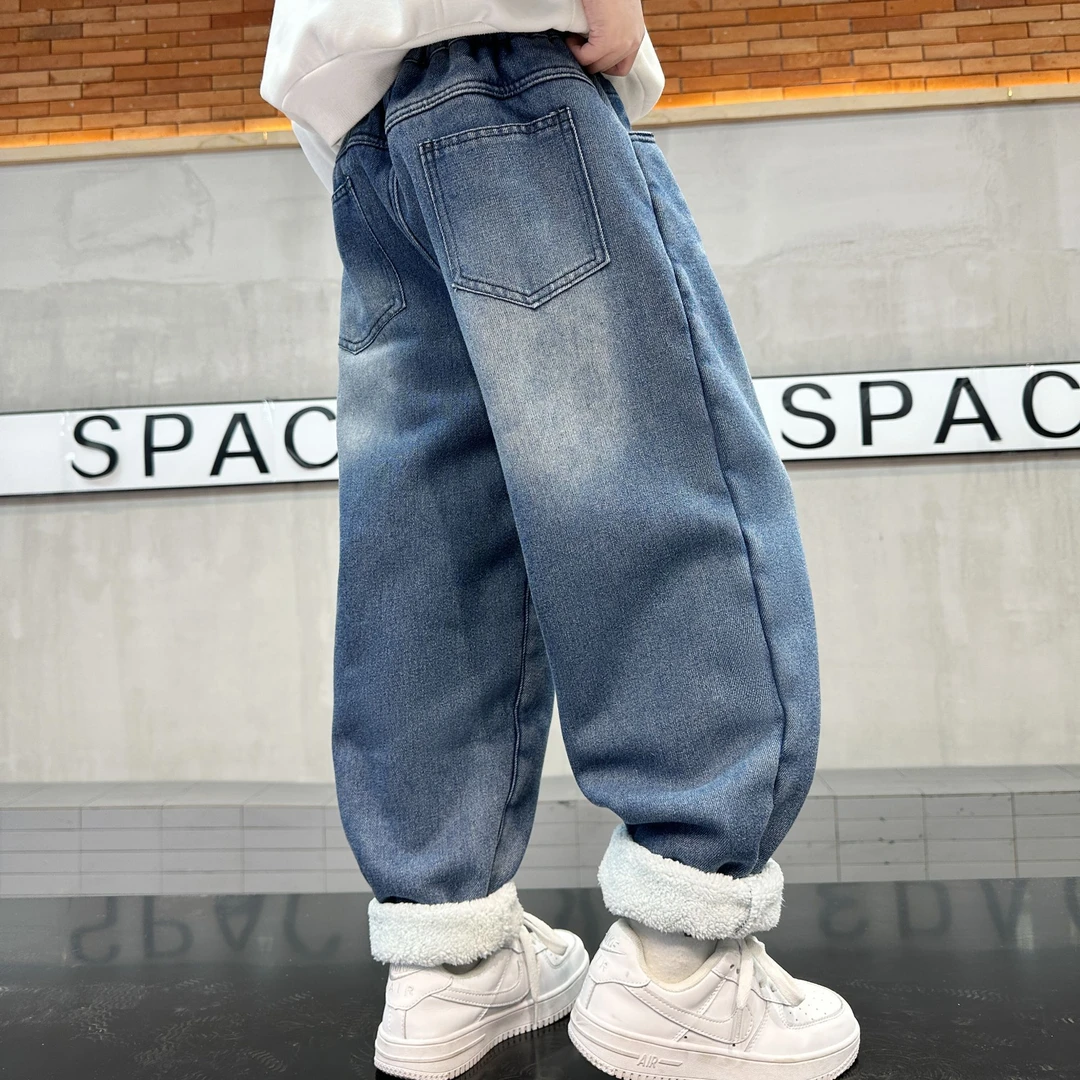 男童加绒加厚牛仔裤秋冬季中大童韩版一体绒裤子男女宝宝保暖长裤